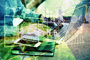 hombre en un ordenador con un fondo verde de la naturaleza