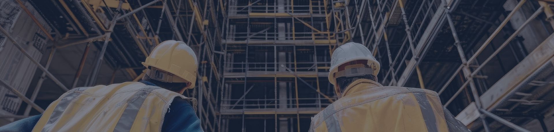 Deux ouvriers en casque et gilet de sécurité observant la structure d'un grand bâtiment en chantier.