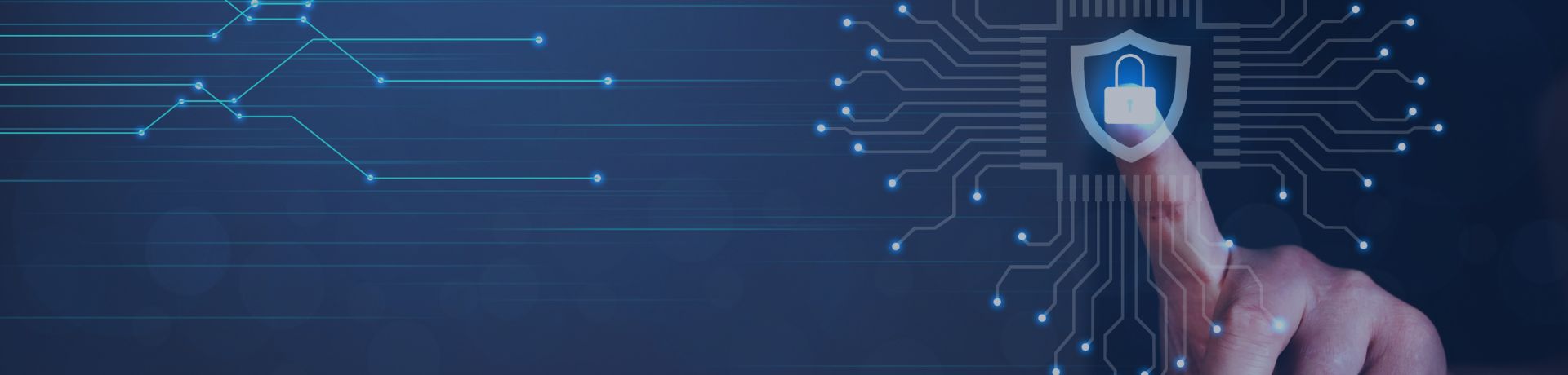 Protection des données: main touchant un circuit imprimé avec un cadenas lumineux.