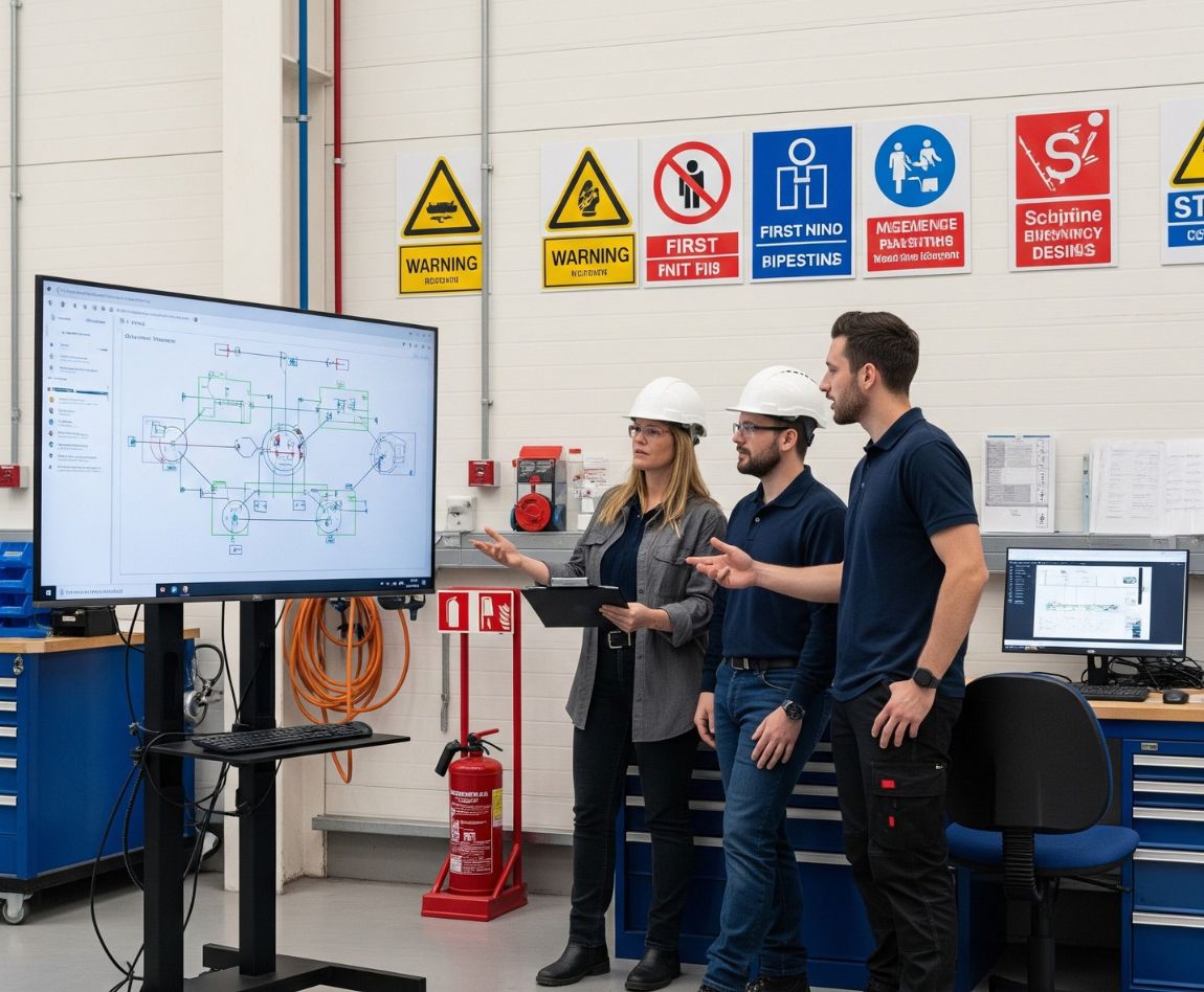Trois ingénieurs consultent un grand écran affichant un schéma technique dans un atelier industriel.