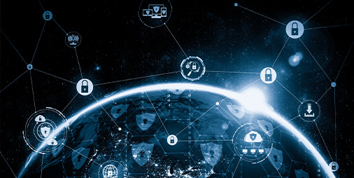 Une planète avec des pictogrammes représentants le concept de cybersécurité