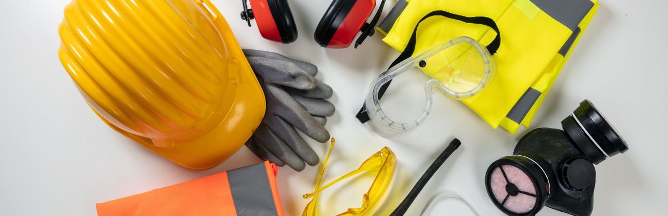 Une collection d'équipements de protection individuelle (EPI) : casque de sécurité jaune, gants de travail, lunettes de protection, casque anti-bruit, gilet haute visibilité et masque respiratoire, posés sur une surface blanche.