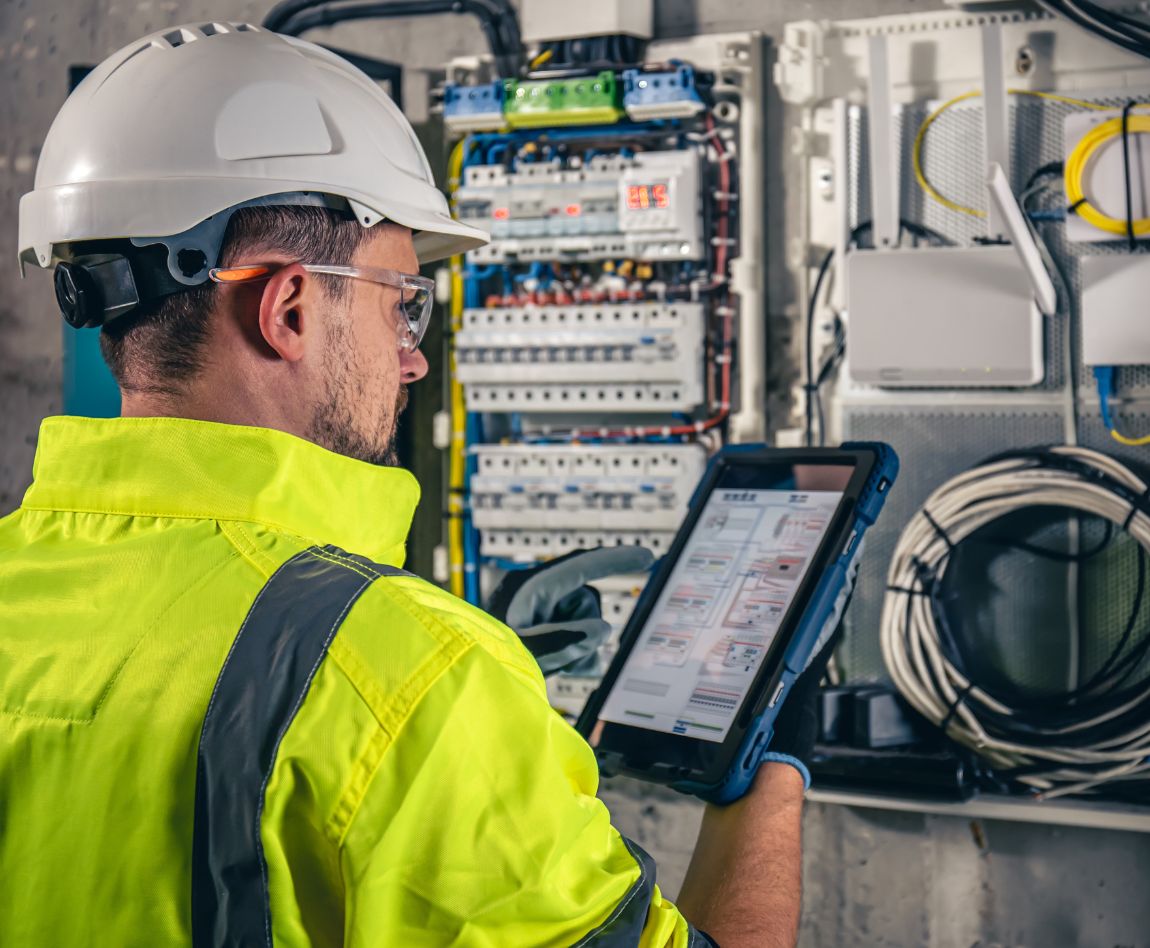 echnicien en électricité inspectant un tableau de distribution avec une tablette pour assurer la conformité et la sécurité.