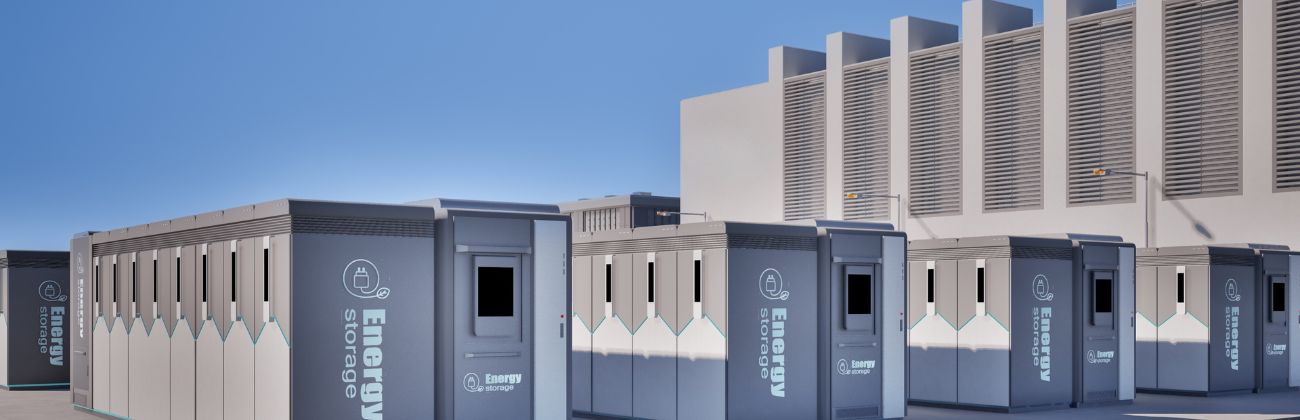 Rangées de modules de stockage d'énergie par batterie (BESS) devant un bâtiment industriel