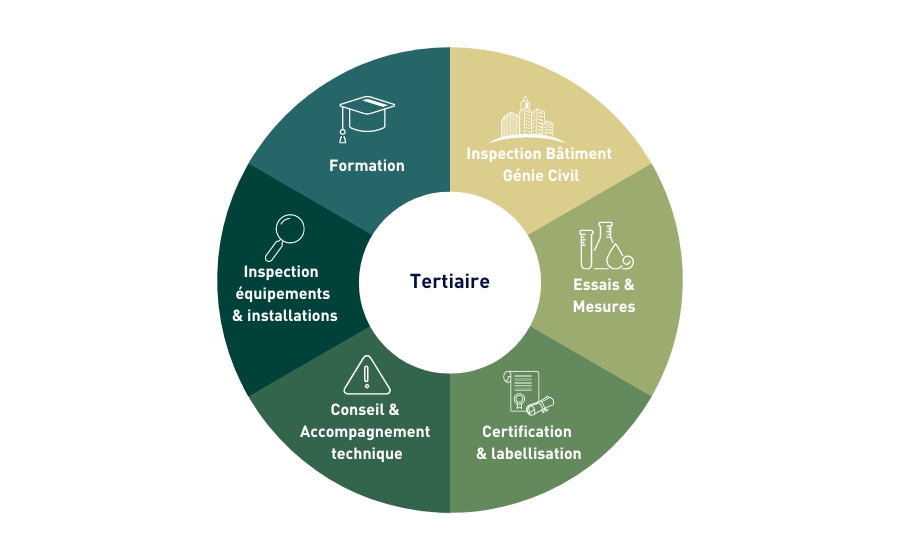 Roue présentant les différents métiers Apave pour les acteurs du Tertiaire: Formation, Inspection bâtiment et Génie Civil, Essais et mesures, Certification et labellisation, Conseil et Accompagnement Technique, Inspection  équipements  & installations
