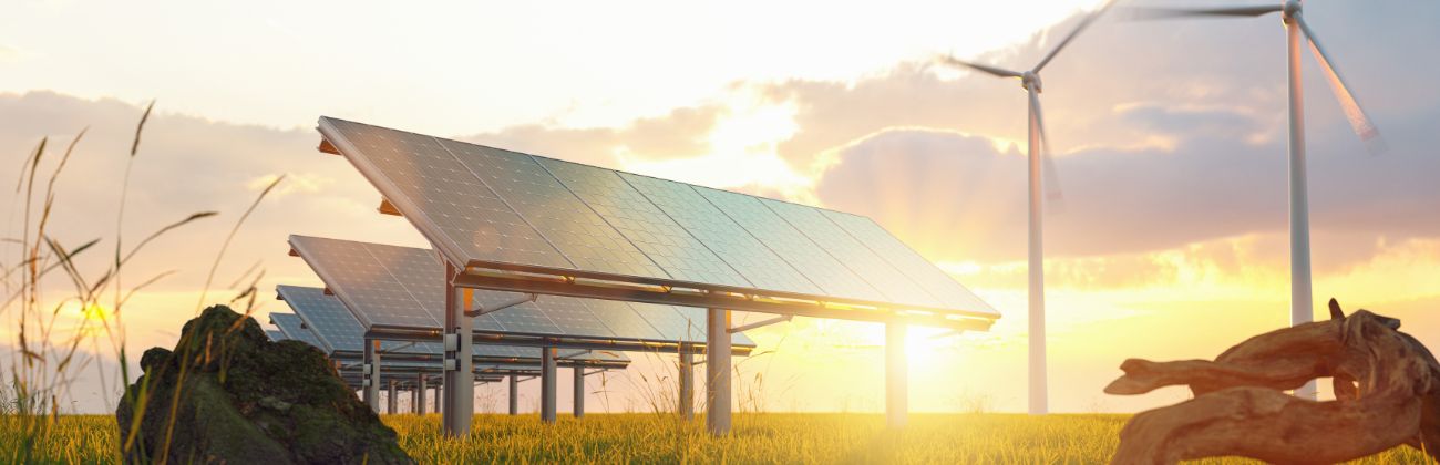 Solar panels and wind turbines in a rural landscape at sunset, symbolizing renewable energy and sustainability.