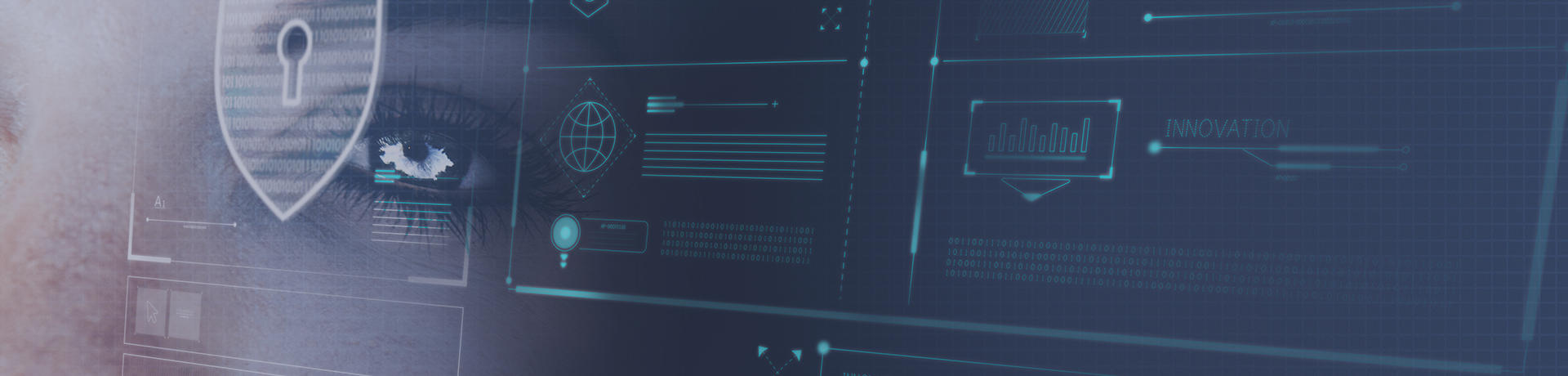 A woman's face with pictograms representing the protection of personal data