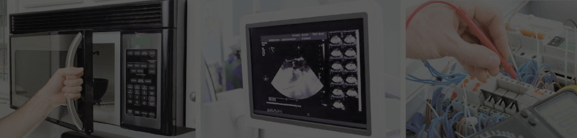 Images of manipulation of electrical objects: a microwave, a printed circuit, an ultrasound machine