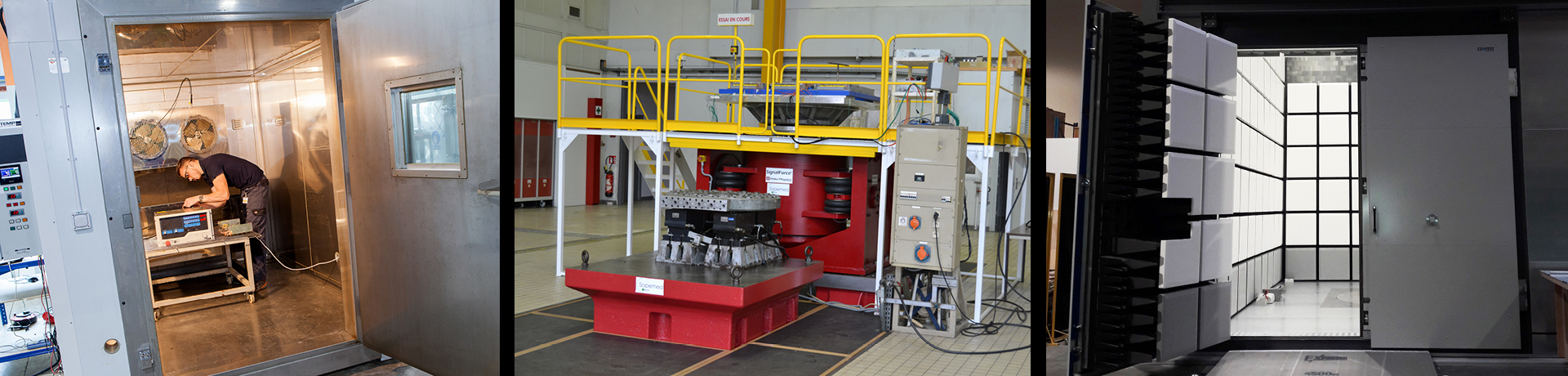 Three types of tests represented: a climatic chamber, an electrodynamic exciter and an EMC chamber