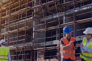 Des gens discutent sur un chantier de construction