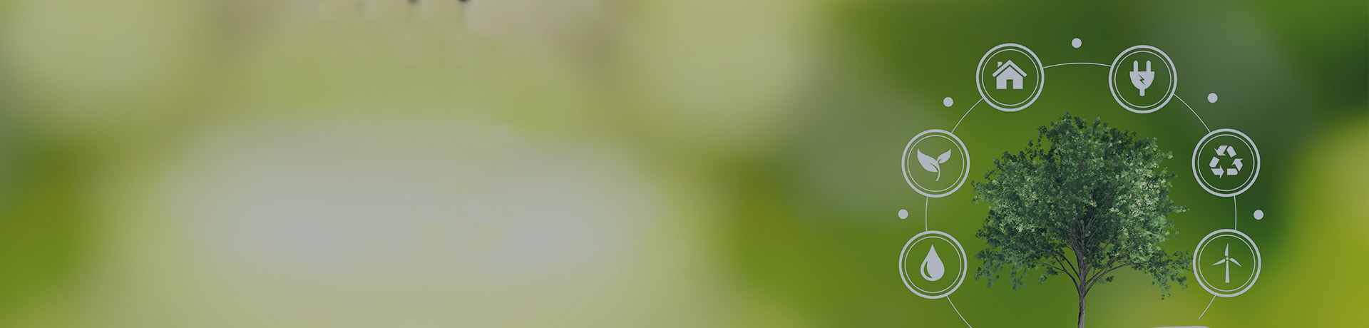 main tenant un petit arbre pour représenter l'écologie avec des pictogramme autour concernant le recyclage, les réductions d'électricité, une éolienne, une maison, de l'eau